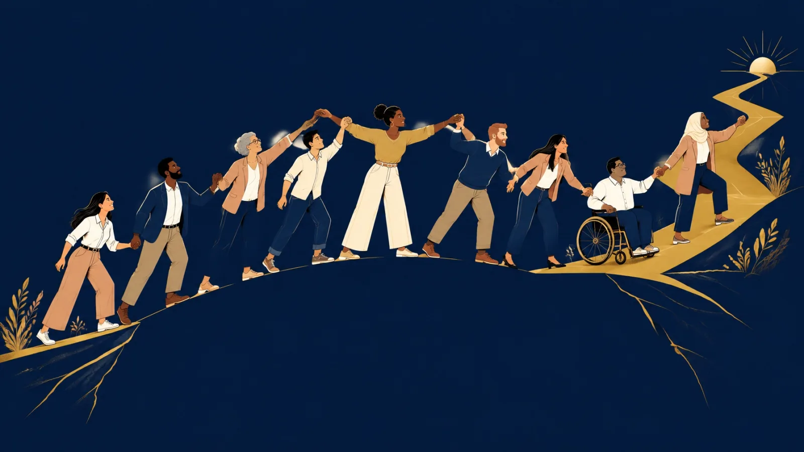 Editorial illustration of a diverse group of people joining hands to form a human bridge that rises into a gold pathway toward opportunity